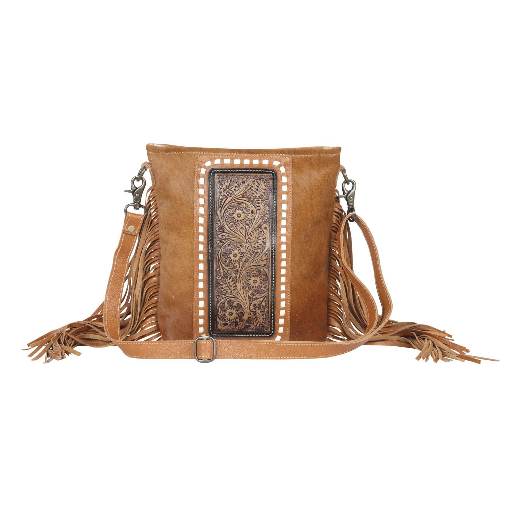 Myra Cowhide Crossbody Purse with Fringe, Tooled Leather, Large