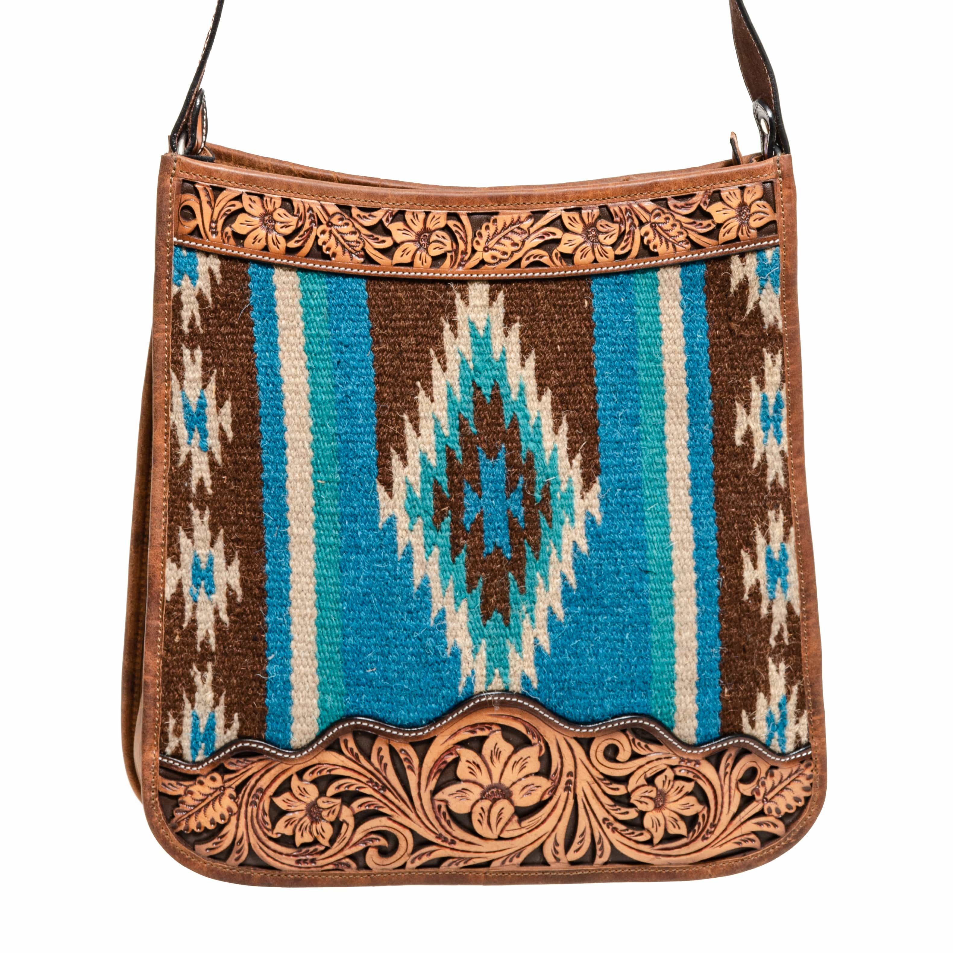 Rafter T Saddle Blanket Crossbody Purse (Concealed Carry) with Tooled Leather, Large, Turquoise
