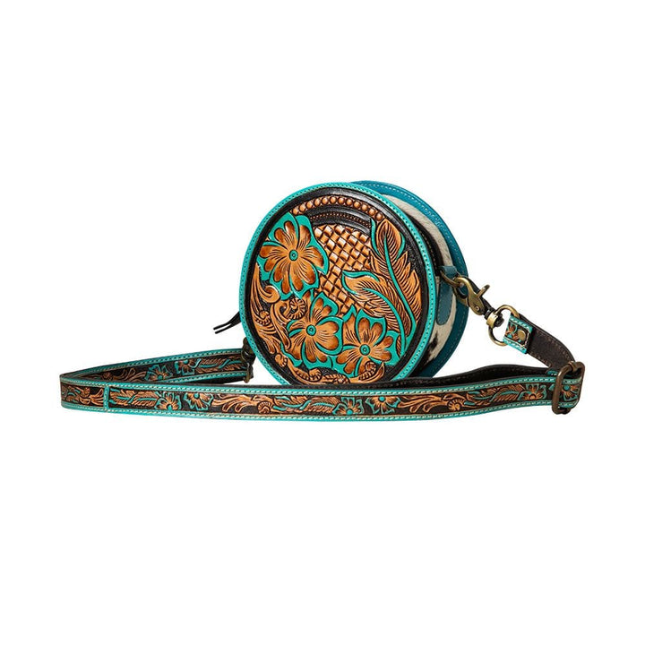 Myra Cowhide Canteen Purse with Tooled Leather Hair On Medium Turquoise