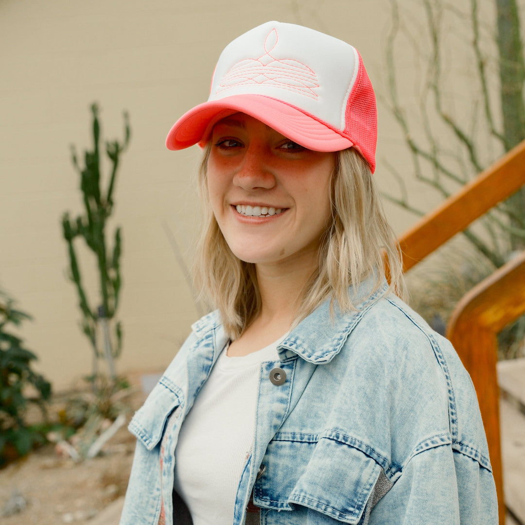 Hot Pink White Trucker Hat with Hot Pink Boot Stitching