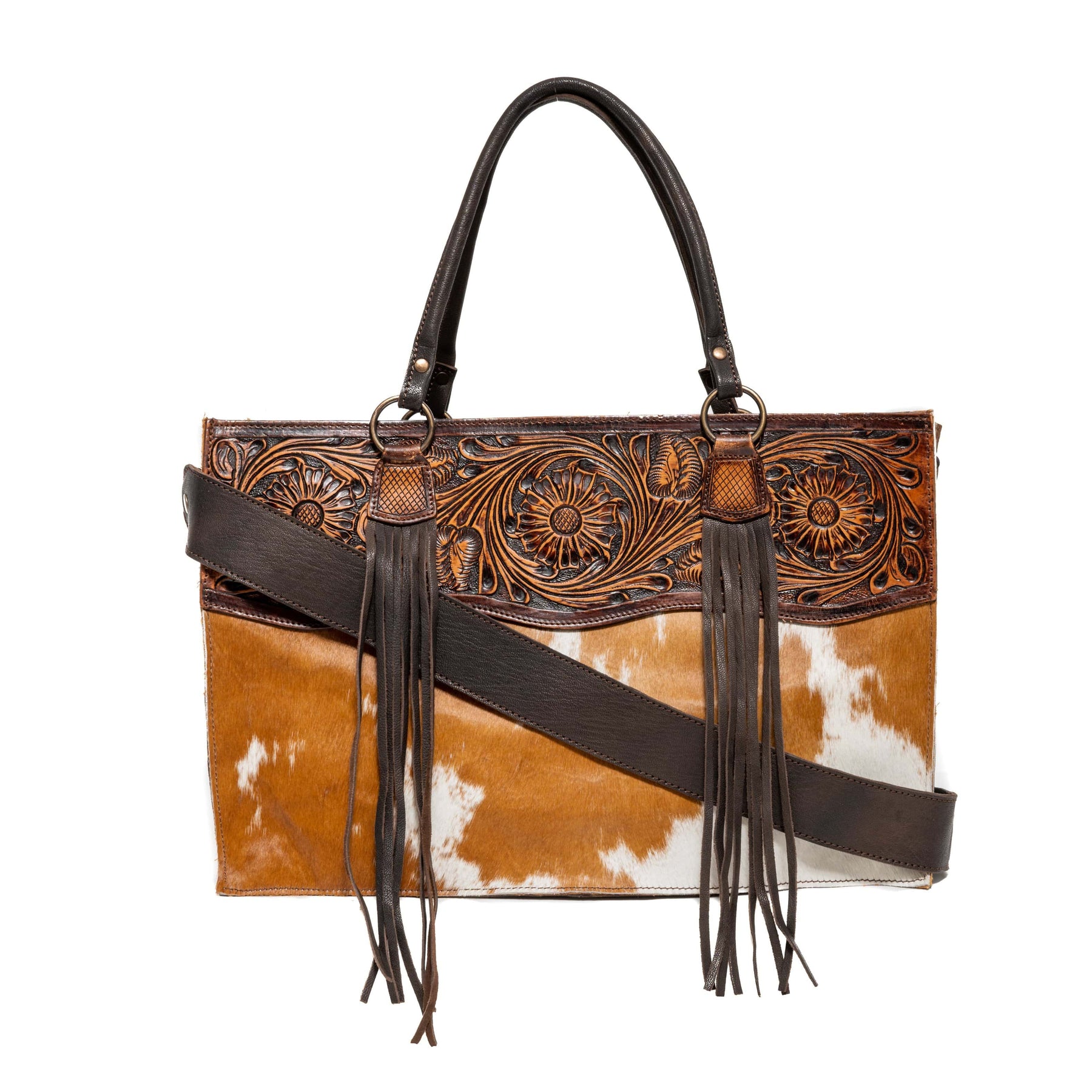 American Darling Cowhide Laptop Bag with Tooled Leather, Fringe