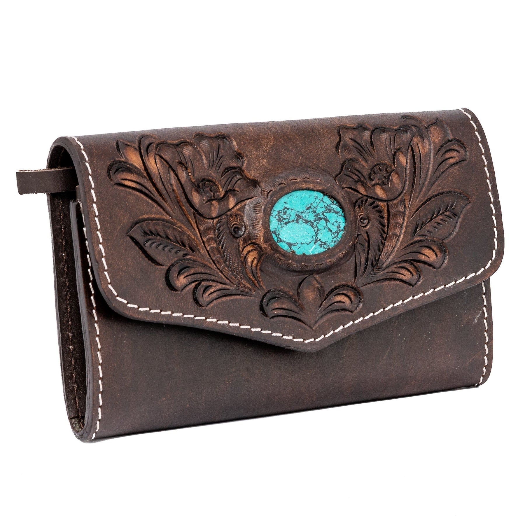 American Darling Tooled Leather Wallet with Turquoise Inlay, Small