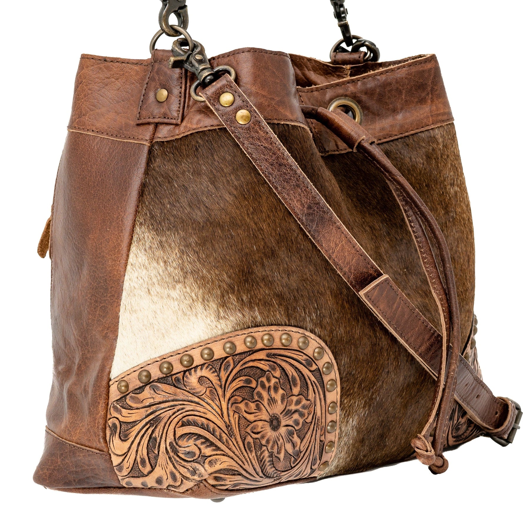 Myra  Cowhide Bucket Purse with Tooled Leather, Medium, Tan