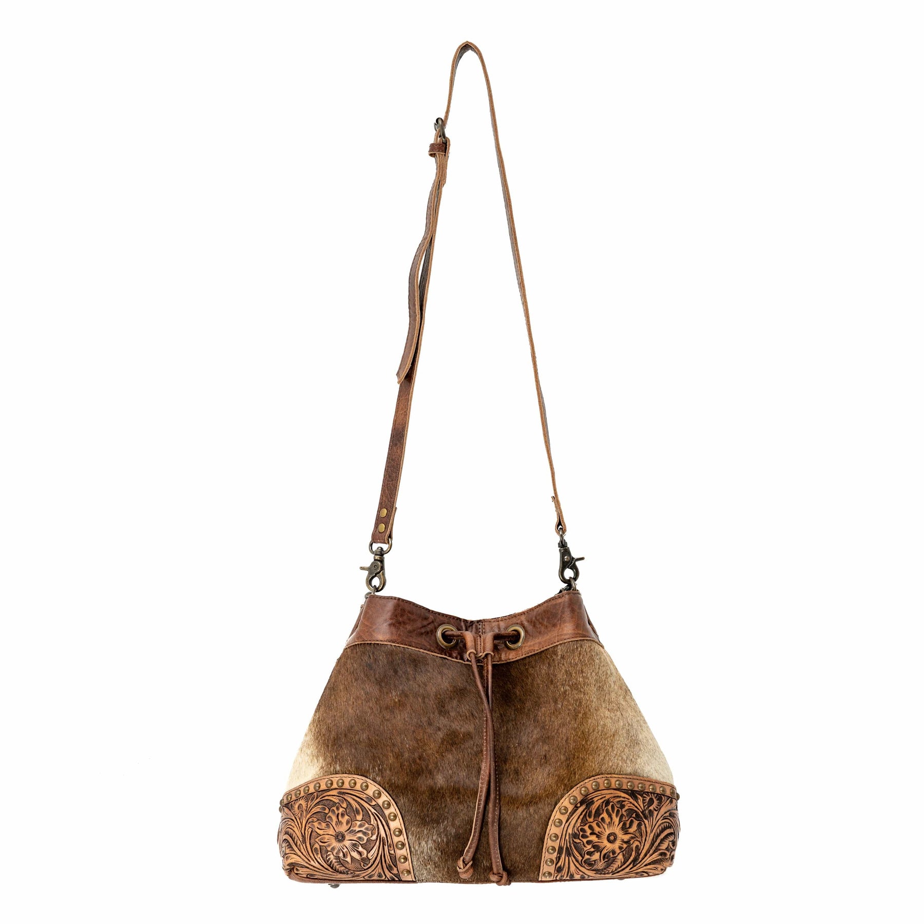 Myra  Cowhide Bucket Purse with Tooled Leather, Medium, Tan