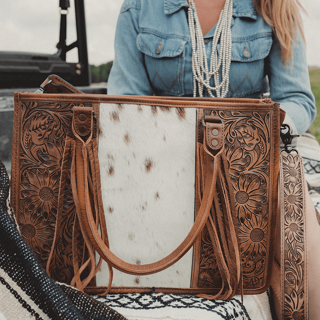 American Darling Cowhide Laptop Bag with Tooled Leather Fringe Large