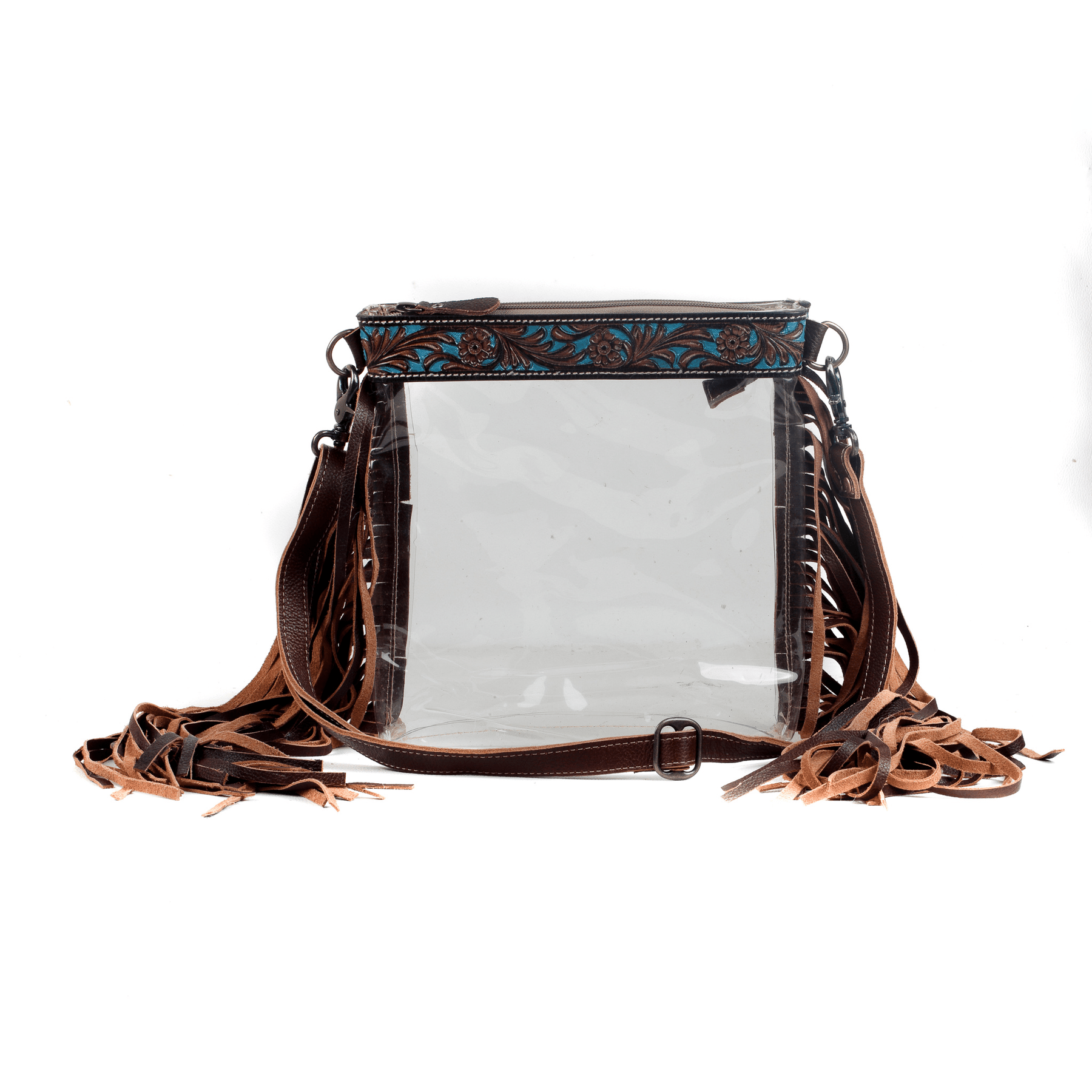 Myra Clear Stadium Crossbody Purse with Fringe Tooled Leather